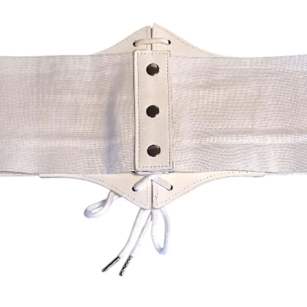 White Vegan Leather Under Breast Corset Stretch Lace‎ Up Belt One Size
